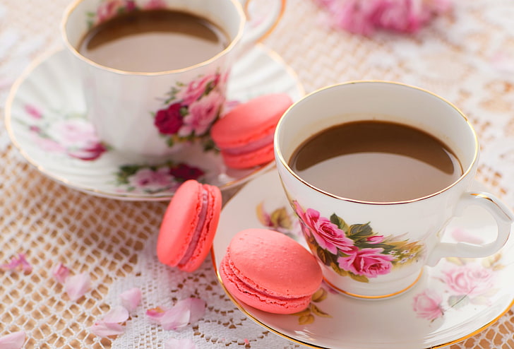 three pink macaroons, coffee, food, cookies, sweets, cream, dessert, cup, sweet, macaron, HD wallpaper