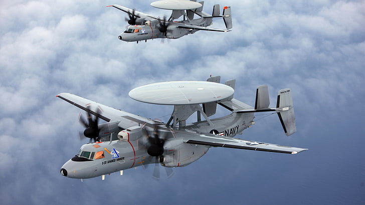 two gray planes, E-2 Hawkeye, Northrop Grumman, tactical airborne, early warning, USA Army, United States Navy, HD wallpaper