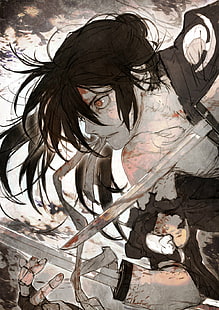 Dororo, Katana, Prothese, langes Haar, schwarzes Haar, Kimono, wütend, Fantasy-Waffe, Fankunst, Hyakkimaru, vertikal, HD-Hintergrundbild HD wallpaper