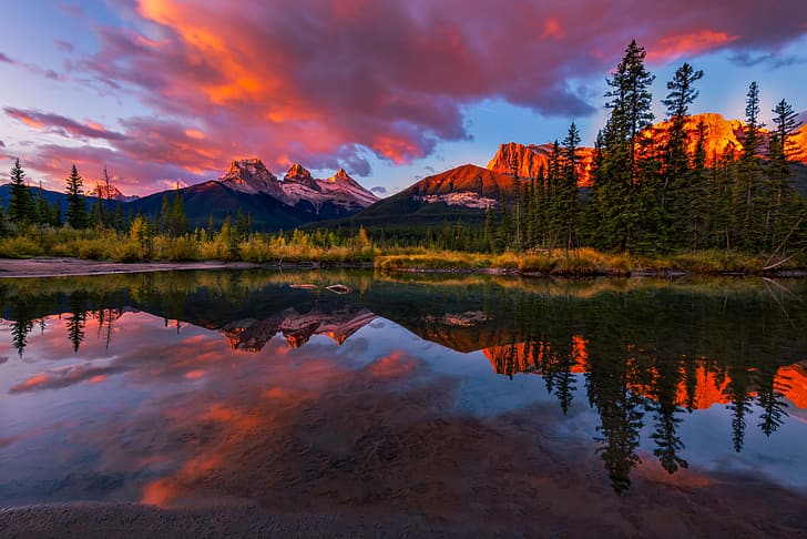 trees, sunset, mountains, reflection, river, Canada, Albert, Alberta, Canadian Rockies, Canmore, Policeman's Creek, Canadian Rockies Canmore, HD wallpaper