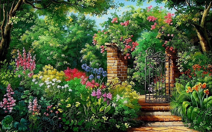 Artystyczne, Malarstwo, Kolorowe, Ogród angielski, Kwiat, Ogród, Brama, Tapety HD