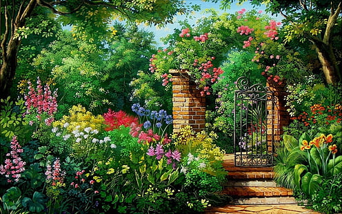 Artystyczne, Malarstwo, Kolorowe, Ogród angielski, Kwiat, Ogród, Brama, Tapety HD HD wallpaper