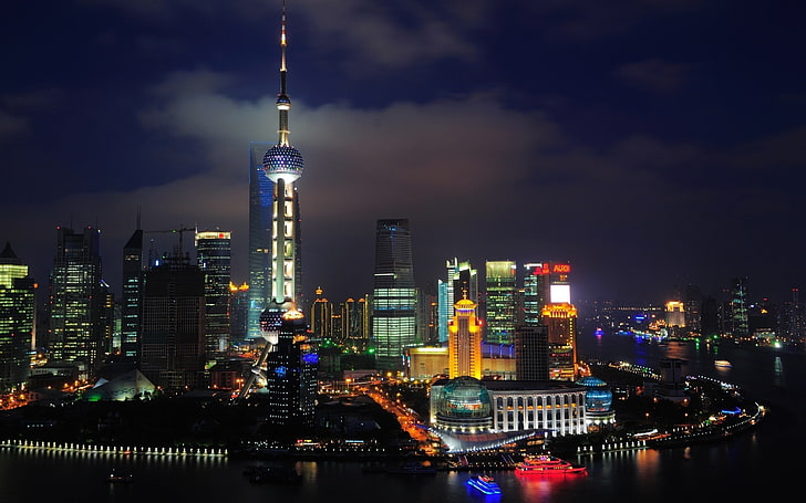 المدينة ، cityscape ، شنغهاي ، الليل، خلفية HD