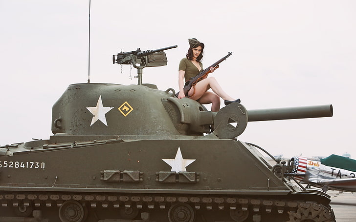 brown military tank illustration, girl, weapons, tank, rifle, average, M4 Sherman, self-loading, 