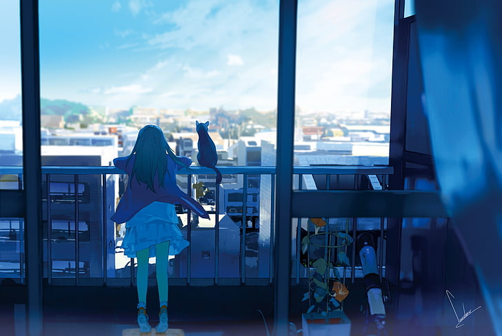 şehir, balkon, bitkiler, kedi, gökyüzü, pencere, anime kızlar, mavi, HD masaüstü duvar kağıdı
