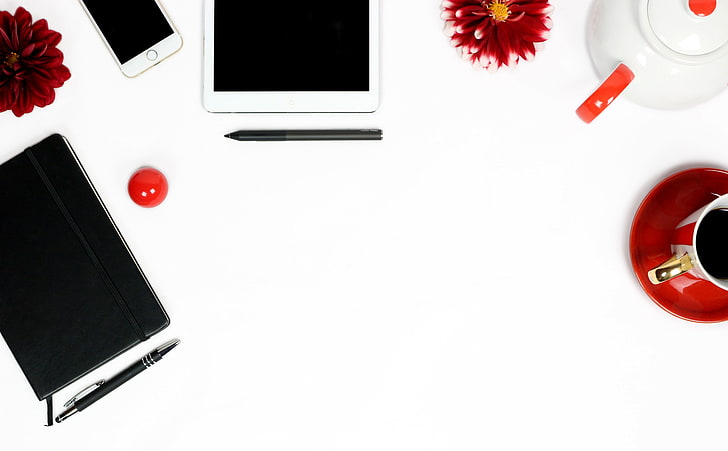 Workplace Design, Computers, Hardware, Flower, Phone, White, Black, Coffee, iPhone, Working, iPad, Dahlia, Pencil, tablet, smartphone, Notebook, Minimalistic, workplace, cupofcoffee, whitebackground, RedCup, pens, reddahlia, lip balm, orderly, HD wallpaper