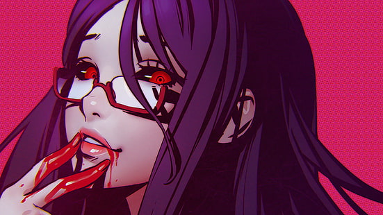 Anime, Tokyo Ghoul, Blut, Brille, Lila Haare, Rote Augen, Rize Kamishiro, Lächeln, HD-Hintergrundbild HD wallpaper