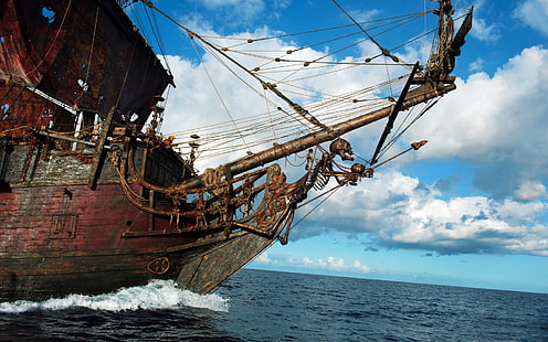brązowy statek piracki, statek, piraci, szkielet, żaglowiec, Tapety HD HD wallpaper