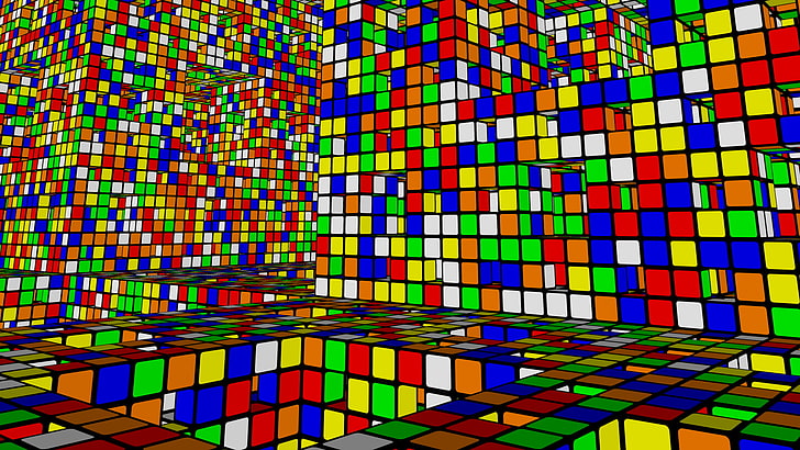 многоцветна илюстрация на кубчето на Рубик, дигитално изкуство, плочки, квадрат, колоритен, куб, 3D, кубчето на Рубик, HD тапет