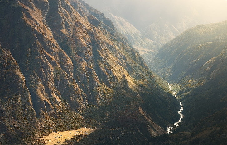 Хималаи, пейзаж, мъгла, планина, природа, Непал, река, храсти, слънчева светлина, водопад, HD тапет