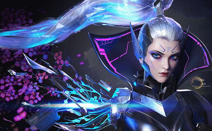 Yihao Ren, CGI, League of Legends, Vayne (League of Legends), Vayne, portrait, cyberpunk, science fiction, glowing eyes, ponytail, cyborg, blue eyes, HD wallpaper