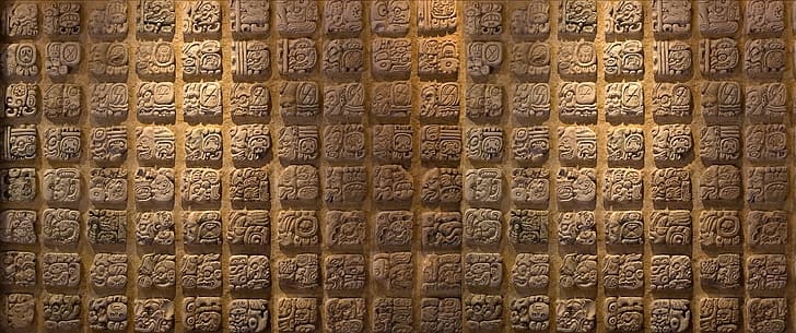 ultra-wide, ultrawide, stone wall, mosaic, symbolism, Maya (civilization), HD wallpaper