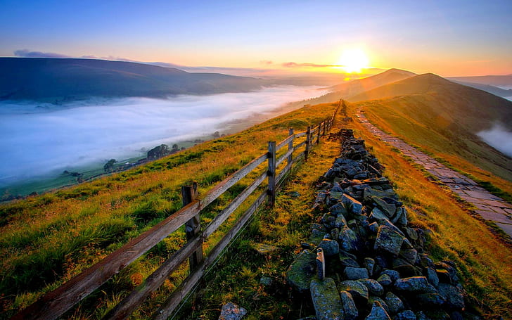 Matahari Terbit, bentang alam, pegunungan, pagar, awan, alam, dan lanskap, Wallpaper HD