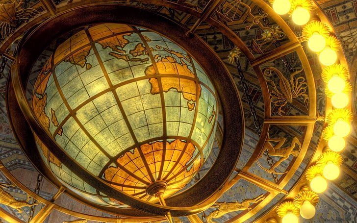 brass globe chandelier, map, sea, continents, lines, world map, globes, Zodiac, lights, Australia, Asia, Africa, metal, HD wallpaper