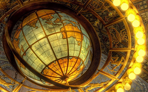 brass globe chandelier, map, sea, continents, lines, world map, globes, Zodiac, lights, Australia, Asia, Africa, metal, HD wallpaper HD wallpaper