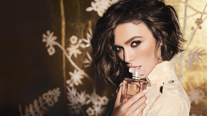 botol aroma, Keira Knightley, berambut cokelat, mata cokelat, Chanel, jas putih, Wallpaper HD