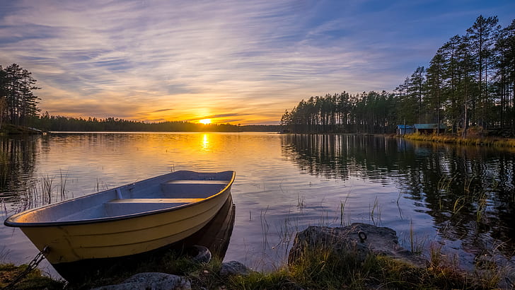 dalarna, szwecja, europa, wieczór, droga wodna, zachód słońca, jezioro, jezioro, łódka, cisza, Tapety HD