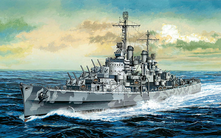 gray warship digital wallpaper, easy, ship, art, USA, Navy, Stroy, cruiser, San Diego, Atlanta, type, WW2., light, fleet, 1942., cruisers, included, CL-53, 10 Jan, HD wallpaper