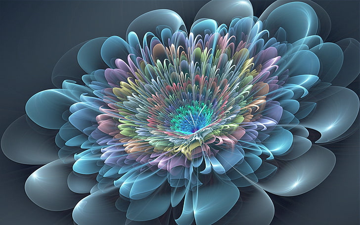 pink, green, and blue flower illustration, flower, petals, fractal, background, HD wallpaper