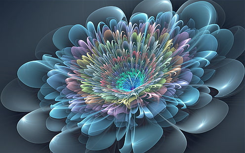 pink, green, and blue flower illustration, flower, petals, fractal, background, HD wallpaper HD wallpaper