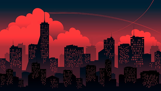 Solnedgång, rött, moln, minimalism, staden, byggnad, byggnaden, bakgrund, HD tapet HD wallpaper