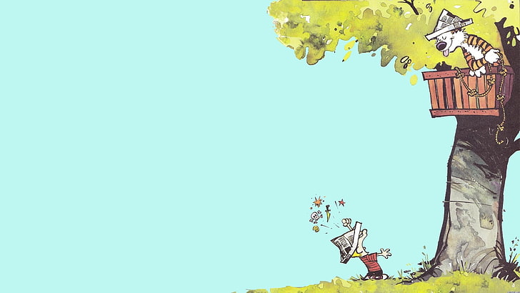 boy and tiger on tree illustration, Calvin and Hobbes, minimalism, HD wallpaper