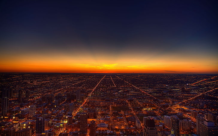edificio de la ciudad, paisaje urbano, puesta de sol, Chicago, luces, Fondo de pantalla HD