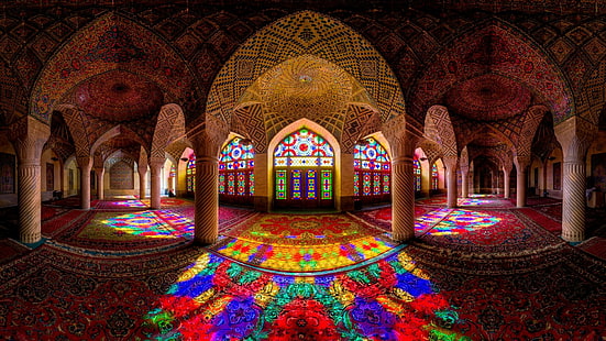 арка, мечеть Насир аль-Мульк, мечеть, архитектура, иран, красочные, исламская архитектура, интерьер, подробно, HD обои HD wallpaper