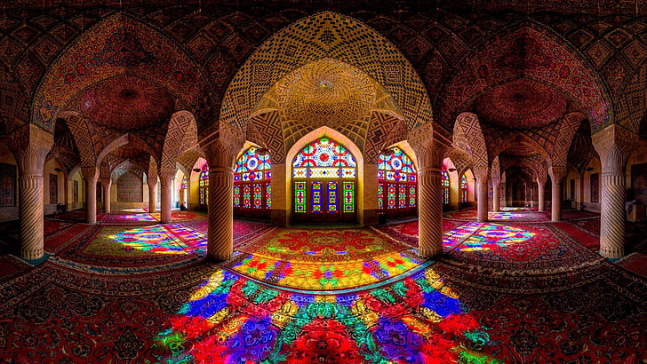 jendela kaca patri bunga beraneka warna, masjid, arsitektur, arsitektur Islam, Iran, berwarna-warni, interior, lengkung, terperinci, Masjid Nasir al-Mulk, Wallpaper HD