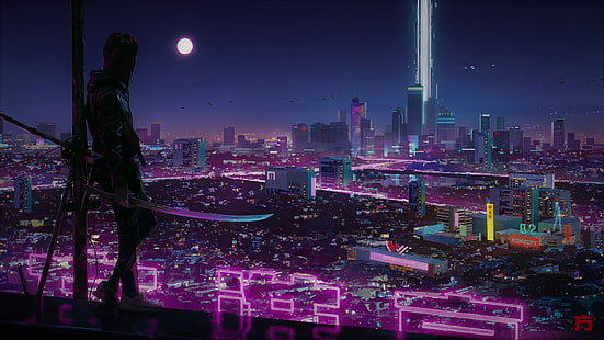 cyber, neon, miasto, technologia, futurystyczny, cyfrowy, Tapety HD HD wallpaper