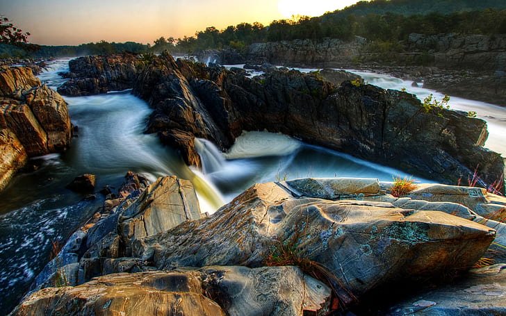 Soulagement spectaculaire, illustration de la rivière, pierres, rochers, cascade, rivière, paysage, paysage, Fond d'écran HD