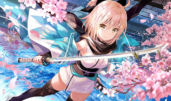 girl, flowers, sword, anime, fate/grand order, HD wallpaper