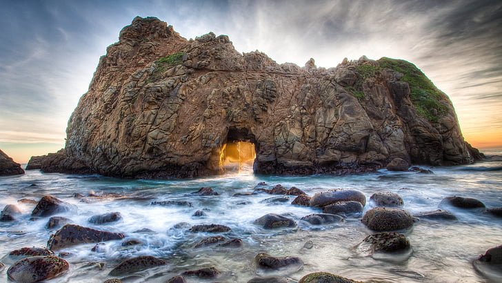 keyhole arch, pfeiffer beach, pfeiffer big sur state park, big sur, beach, arch, julia pfeiffer burns state park, state park, rock formation, natural arch, HD wallpaper