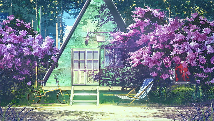 purple and white house painting, purple, bicycle, hammocks, triangle, Everlasting Summer, red, ArseniXC, HD wallpaper