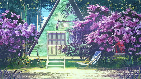 лилаво и бяло рисуване на къща, лилаво, велосипед, хамаци, триъгълник, Вечно лято, червено, ArseniXC, HD тапет HD wallpaper