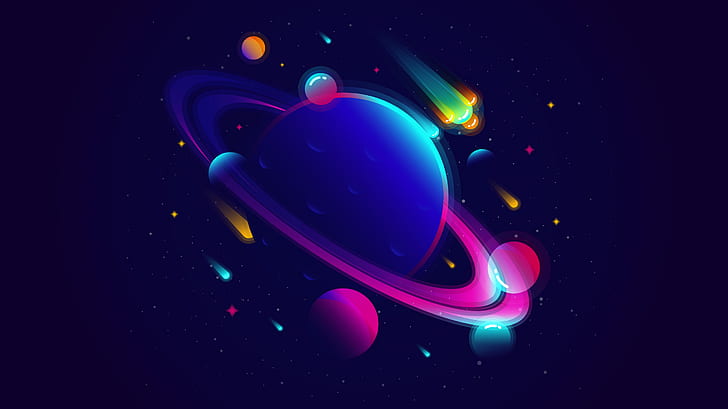 Neon, Vibrant, Solar system, Minimal, Planets, Saturn, HD wallpaper