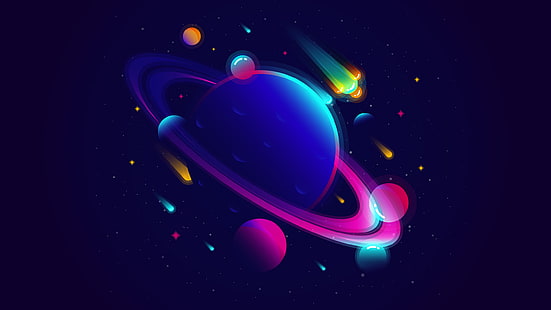 Neon, vibrante, sistema solare, minimo, pianeti, Saturno, Sfondo HD HD wallpaper