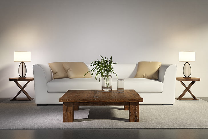 weiße Ledercouch und brauner hölzerner Couchtisch, Tisch, Sofa, Innenraum, modernes, stilvolles Design, zeitgenössisches, weißes Wohnzimmer, HD-Hintergrundbild