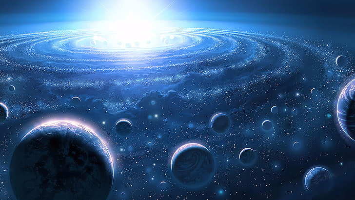 космос, планета, вселенная, космос, синий, космическое искусство, фэнтези, галактика, орбита, HD обои