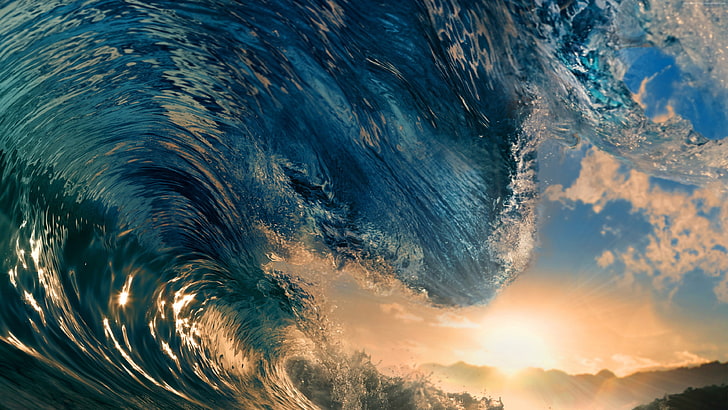 澄んだ水、海の波、水、波、自然、青、海、夕日、日光の写真、 HDデスクトップの壁紙