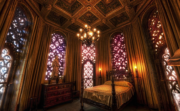 Спалня на замъка Хърст, черно дървено легло, архитектура, замък, интериор, спалня, Хърст, луксозно, HD тапет