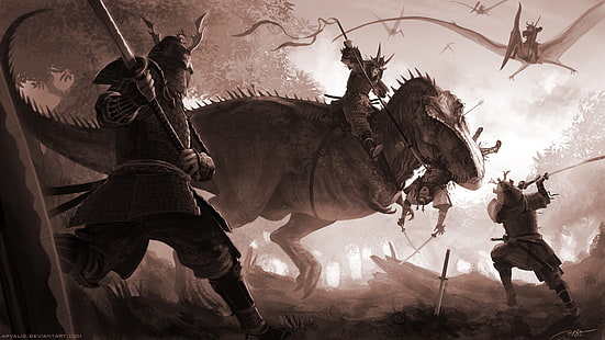 illustration de dinosaure, guerrier, art fantastique, dinosaures, Fond d'écran HD HD wallpaper