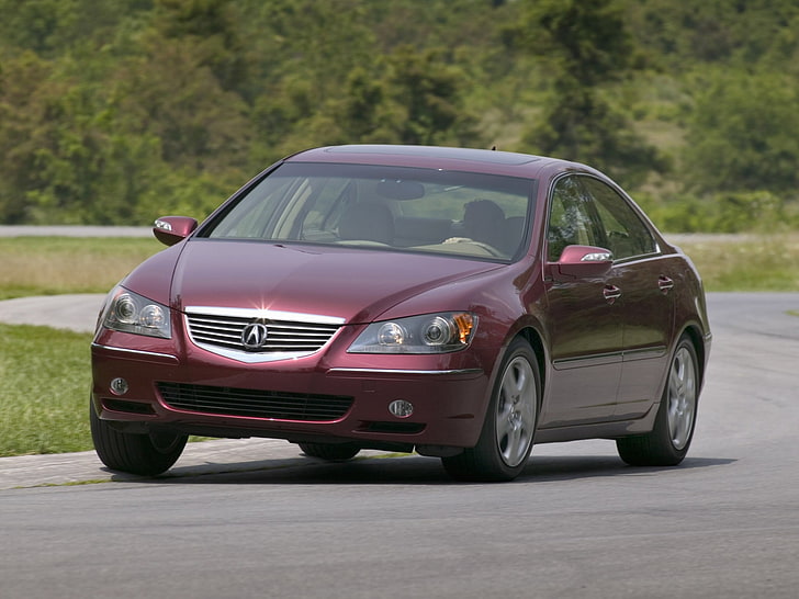 maroon Acura sedan, acura, rl, 2004, red, front view, style, cars, track, trees, grass, turn, HD wallpaper