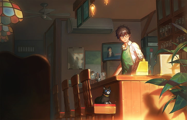 persona 5, morgana, anime boy, brille, katze, neko, anime, HD-Hintergrundbild