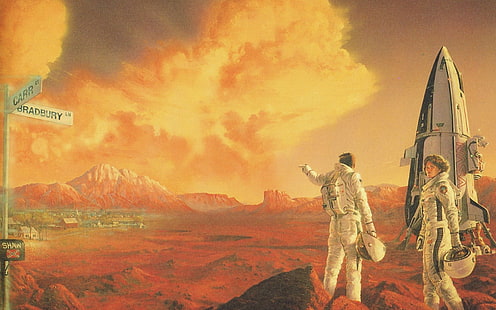 두 우주 비행사 화성 그림, 작품, 공상 과학 소설, 로켓, 우주 비행사, 복고풍 공상 과학 소설에 착륙, HD 배경 화면 HD wallpaper