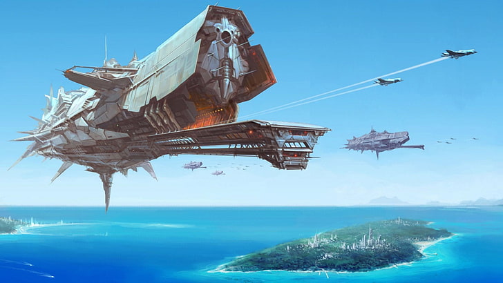gray aircraft below island illustration, artwork, fantasy art, spaceship, sea, war, science fiction, HD wallpaper