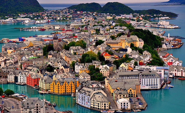 オーレスン、ノルウェー港、ベルゲン、ノルウェー、ヨーロッパ、ノルウェー、 HDデスクトップの壁紙