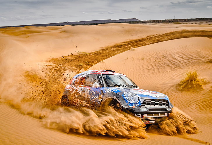 sand, Rally, racing, car, Mini, front angle view, HD wallpaper