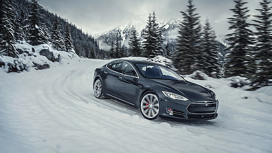 black car on snow filled road at daytime, Tesla model S P85D, Quickest Electric Cars, sport cars, electric cars, suv, black, HD wallpaper HD wallpaper