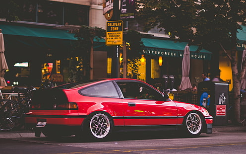 червено купе, паркирано в магазина фасада, кола, Honda, Honda CRX, HD тапет HD wallpaper
